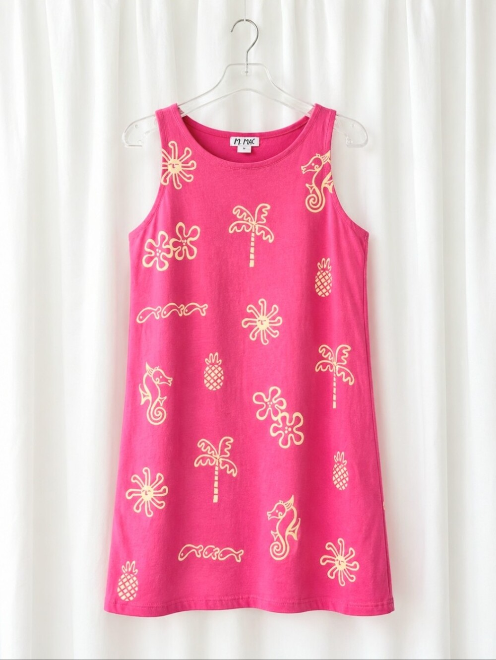 M. Mac Tropical Palm Tree Seahorse Pineapple Cotton Shift Dress Pink Neon Yellow